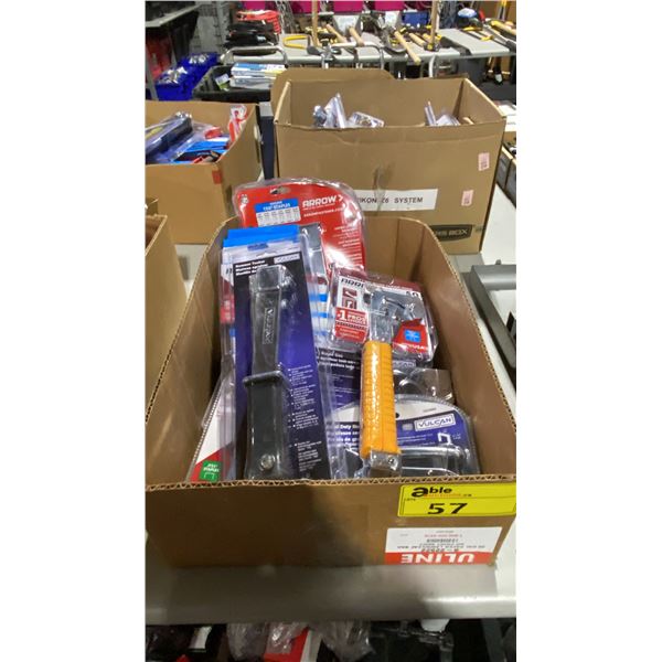 BOX OF ASSORTED HEAVY DUTY STAPLE GUNS & STAPLES