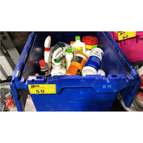 BIN OF ASSORTED CLEANERS & CHEMICALS- WATER CLARIFIER, LIME OUT, PARTS LUBRICANT, SPRAY NINE,