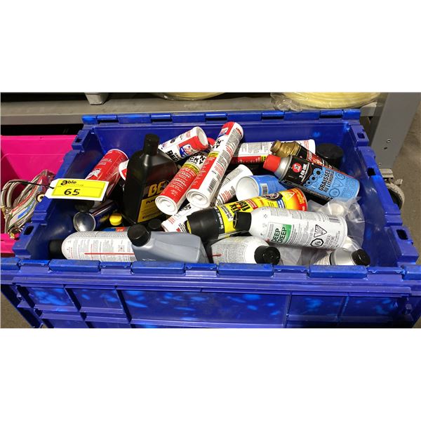 BIN OF ASSORTED GREASE/AUTOMOTIVE PRODUCTS- BRAKE FLUID, 5W-30 MOTOR OIL, BRAKE KLEEN, WD-40, RED