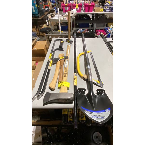 GROUP OF ASSORTED YARD TOOLS- SHOVEL, HAND SAW, 18LB WEDGE POINT BAR, AXES, HAMMER, PRY