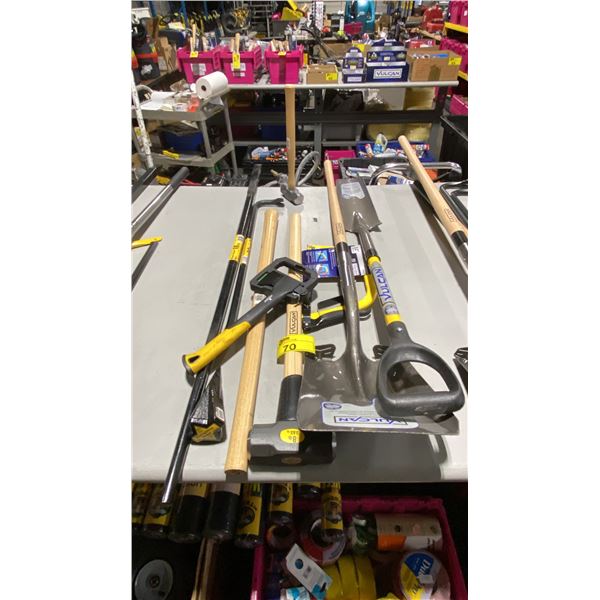 GROUP OF ASSORTED YARD TOOLS- SHOVELS, HAND SAW, 18LB WEDGE POINT BAR, HAMMER, PRY