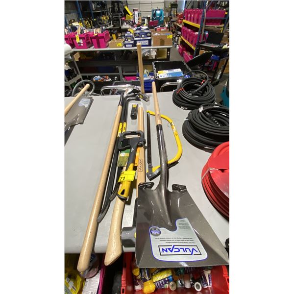 GROUP OF ASSORTED YARD TOOLS- SHOVEL, HAND SAW, HAMMER, PRY BARS, SPLITTING WEDGE & SLEDGEHAMMER