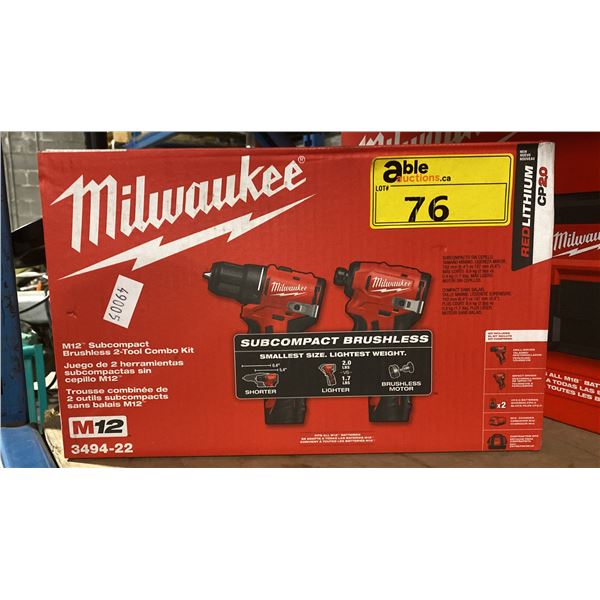 MILWAUKEE 3494-22 M12 SUBCOMPACT BRUSHLESS 2 TOOL COMBO KIT *IN BOX*