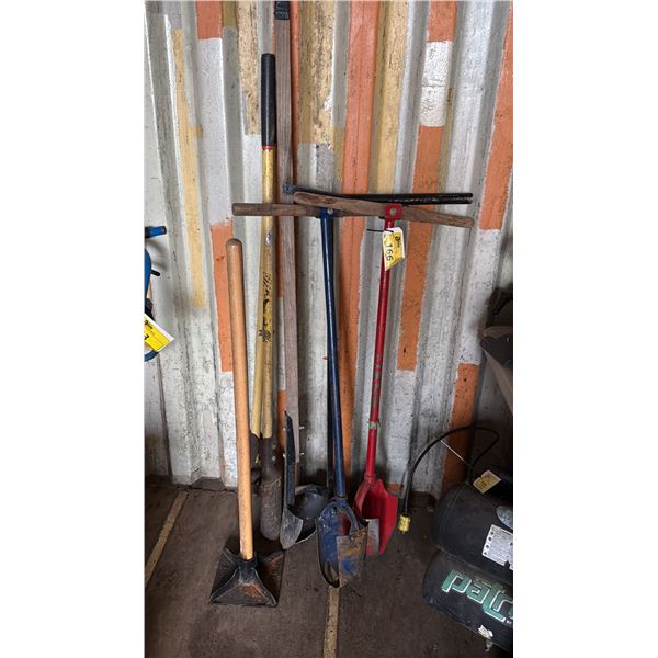 4 ASSORTED POST HOLE DIGGERS & A STEEL TEMPER