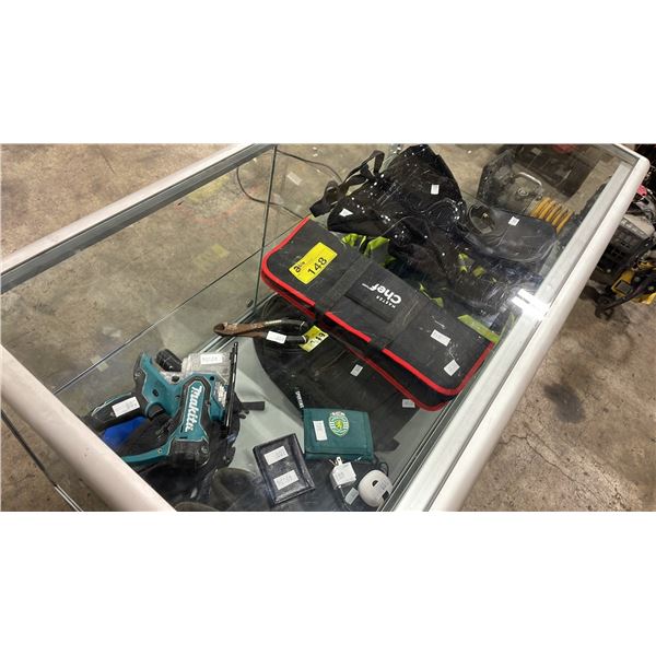SHELF OF MAKITA CORDLESS JIGSAW *NO BATTERY*, HAND TOOL, 2 WALLETS, 2 PURSES, 4 RINGS, WIRELESS