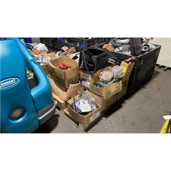 PALLET OF ASSORTED THROTTLE CABLES, SMALL ENGINE PARTS, & WHEELS *MUST TAKE ALL ON PALLET*