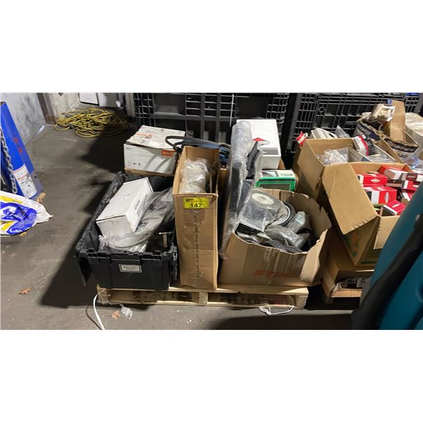 PALLET OF ASSORTED BRIGG & STRATTON PARTS, FILTERS, & VARIOUS SMALL ENGINE PARTS