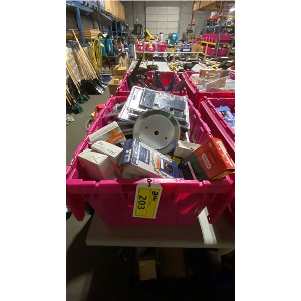 BIN OF HEAVY DUTY HINGES, ASSORTED CHAINSAW CHAINS & SPINDLE PULLEYS