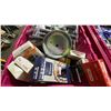 Image 2 : BIN OF HEAVY DUTY HINGES, ASSORTED CHAINSAW CHAINS & SPINDLE PULLEYS