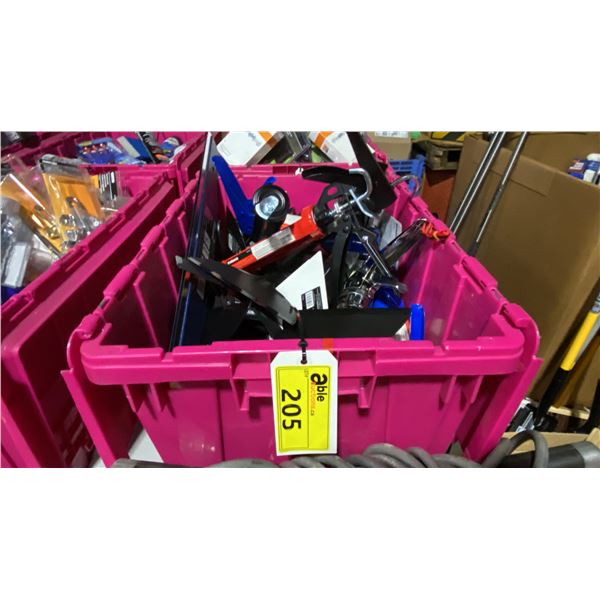 BIN OF CAULKING GUNS, CAULKING TUBE CAPS, PUTTY KNIVES, TRIM GUIDES, JOINT KNIVES & MORE