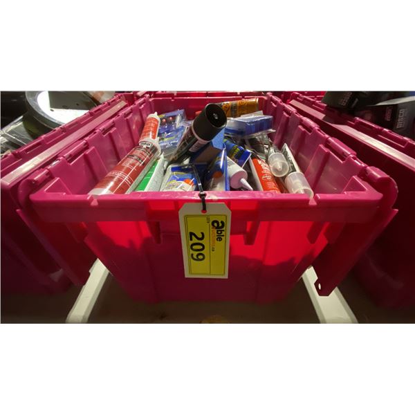 BIN OF WOOD FILLER, SILICONE, ASSORTED CAULK, CAULKING TOOL KITS, EXTERIOR FILLER, CAULK REMOVER &