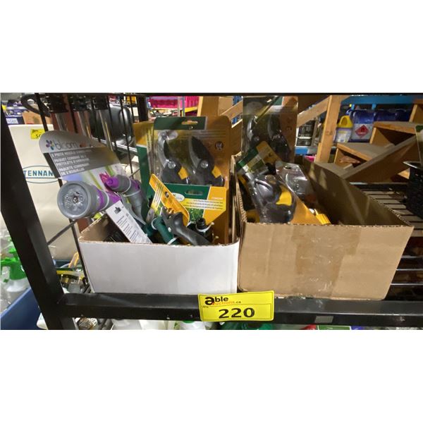 2 BOXES OF ASSORTED HOSE NOZZLES, GARDEN PRUNERS, PRUNING SAW & SPRINKLER