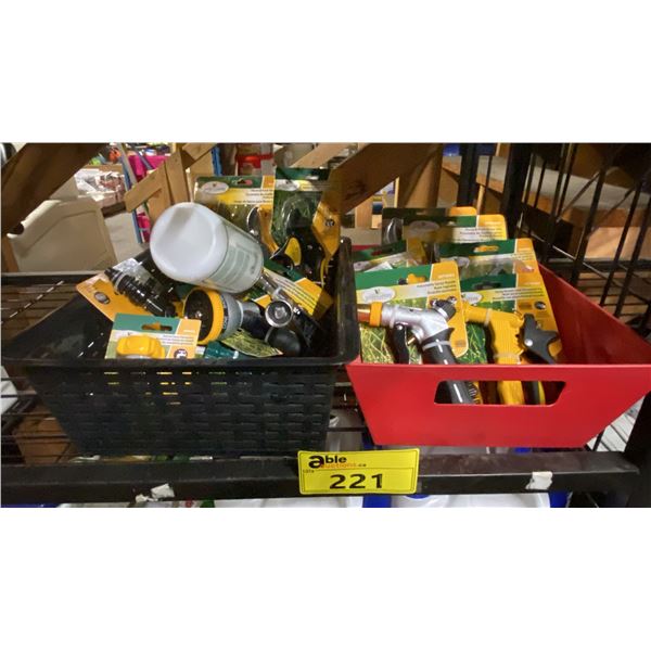 2 BASKETS OF ASSORTED HOSE NOZZLES, GARDEN PRUNERS, SPRAYER NOZZLE & MORE