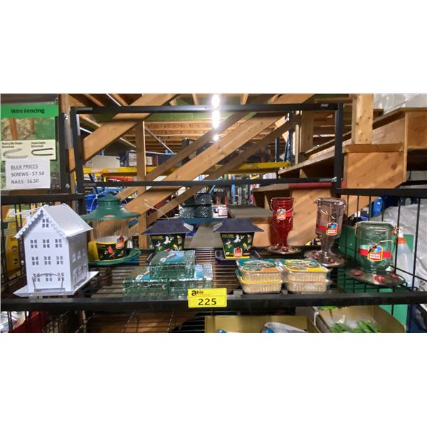 SHELF OF ASSORTED BIRD FEEDERS, HUMMINGBIRD FEEDERS, BIRD SUET & HANGING SUET HOLDERS