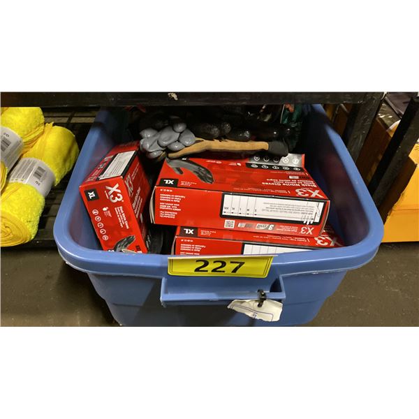 BIN OF ASSORTED WORK GLOVES- XL BLACK NITRILE GLOVES & ASSORTED STYLE/SIZE WORK GLOVES