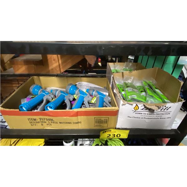 BOX OF ASSORTED HOSE NOZZLES & 2 BOXES OF DEWITT LANDSCAPE/GARDEN ANCHORING PINS