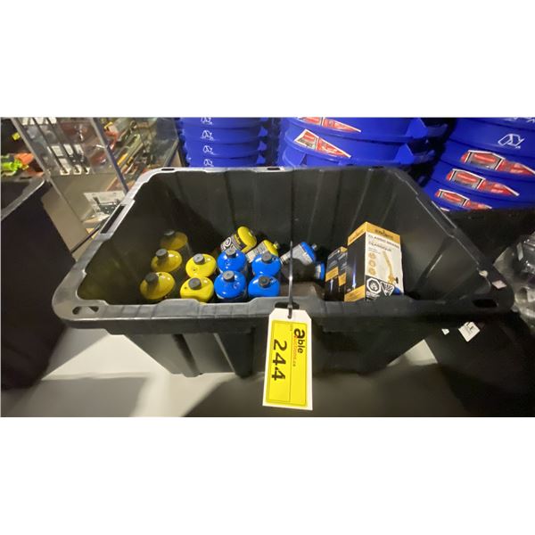 BIN OF BERNZOMATIC TORCH KITS, MAP PRO/PROPANE TORCH BOTTLES, ASSORTED HOSE CLAMPS & FUSES