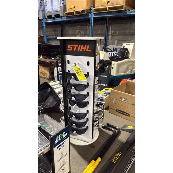 STIHL ROTATING DISPLAY RACK WITH ASSORTED STIHL TINTED / CLEAR SAFETY GOGGLES