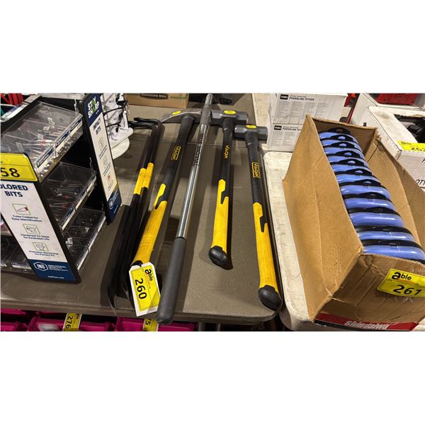 6 ASSORTED VULCAN TOOLS INCLUDING SHOVEL, 2 SLEDGE HAMMERS, HAMMER AXE, & 2 CROWBARS