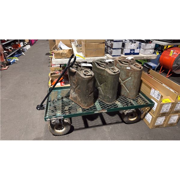 MILLSIDE GREEN PNEUMATIC TIRE MESH FLAT CARTS & 3 ARMY STYLE METAL GAS CANS
