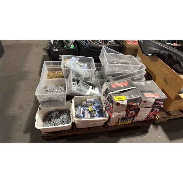 PALLET OF ASSORTED BOXED NAILS, SCREWS, BRACKETS, U-NAILS, & BINS OF HARDWARE *MUST TAKE ALL ON