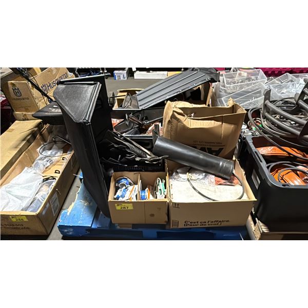 PALLET OF ASSORTED MOWER PARTS, GRASS BAGS, MOWER BLADES, & TRIMMER WIRE *MUST TAKE ALL ON PALLET,