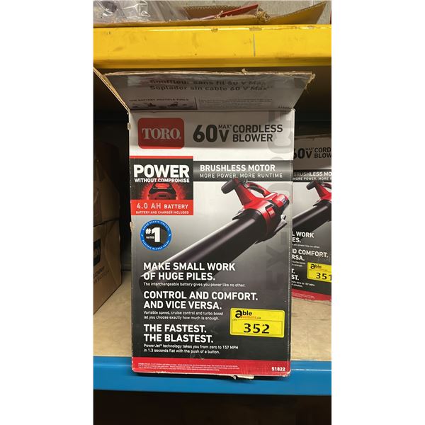 TORO 51822 60V MAX BRUSHLESS CORDLESS ELECTRIC LEAF BLOWER *IN BOX*
