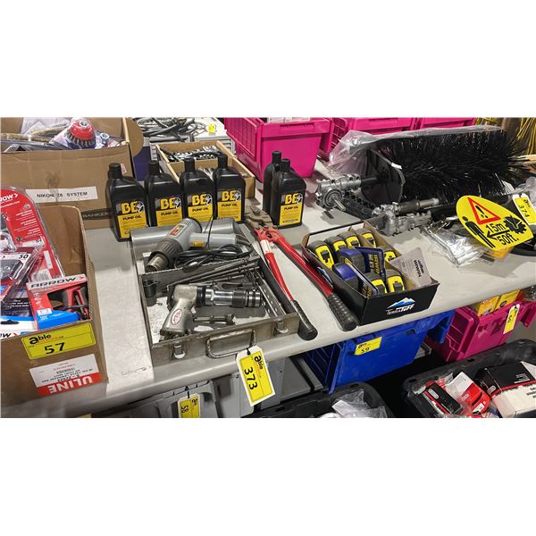 INDUSTRIAL PNEUMATIC CHISEL IN HARD TRANSPORT CASE, PT HEAT GUN, CRIMPING TOOL, BOX OF TAPE