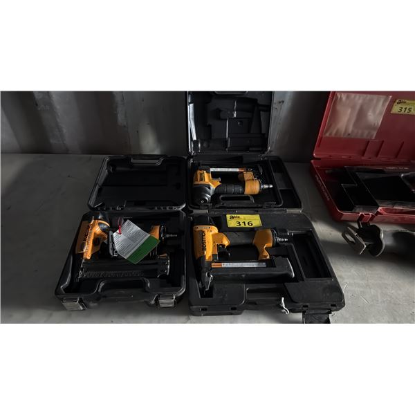 3 ASSORTED BOSTITCH HEAVY DUTY PNEUMATIC STAPLERS IN HARD TRANSPORT CARRYING CASE