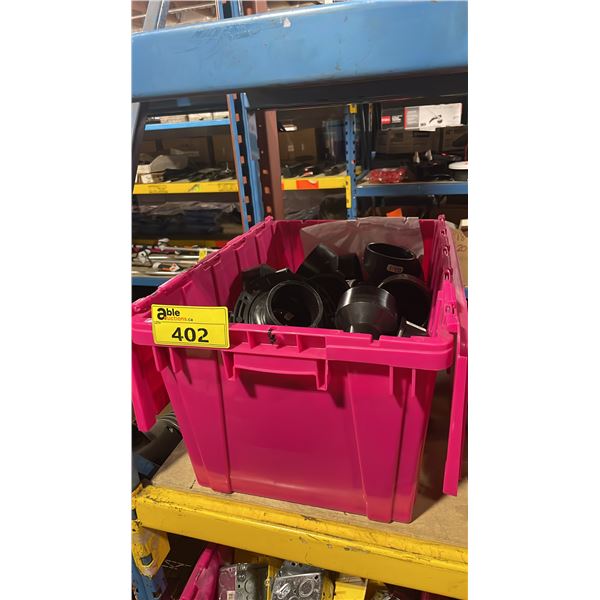 LARGE PINK BIN OF ASSORTED PLUMBING SUPPLIES *BIN NOT INCLUDED*