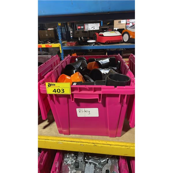 LARGE PINK BIN OF ASSORTED PLUMBING SUPPLIES *BIN NOT INCLUDED*