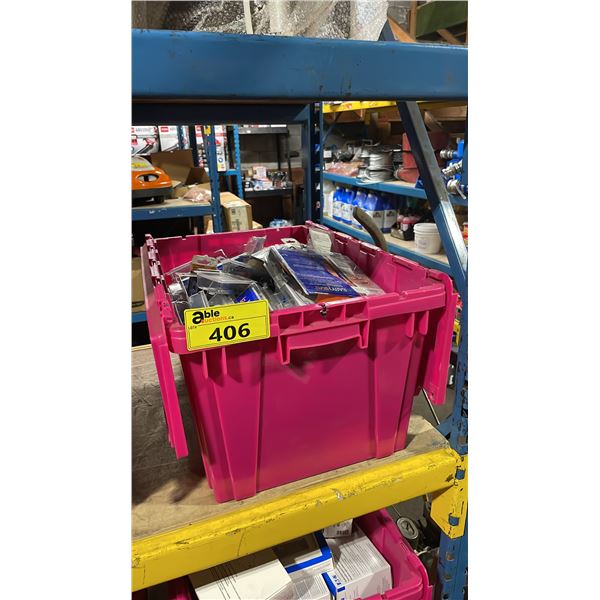 LARGE PINK BIN OF ASSORTED ELECTRICAL & BATHROOM SUPPLIES *BIN NOT INCLUDED*