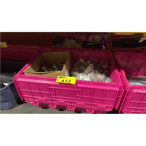 LARGE PINK BIN OF ASSORTED PLUMBING SUPPLIES / HARDWARE & BIN OF ASSORTED SMALL ENGINE PARTS