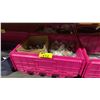 Image 1 : LARGE PINK BIN OF ASSORTED PLUMBING SUPPLIES / HARDWARE & BIN OF ASSORTED SMALL ENGINE PARTS