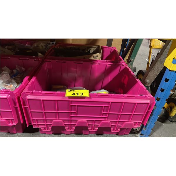 LARGE PINK BIN OF ASSORTED SMALL ENGINE PARTS, & BIN OF HARDWARE *BINS NOT INCLUDED*