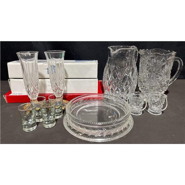 Crystal Tableware Lot: Nachtmann Platter, Mikasa Bowls, Crystal Jugs, Vases, Shot Glasses