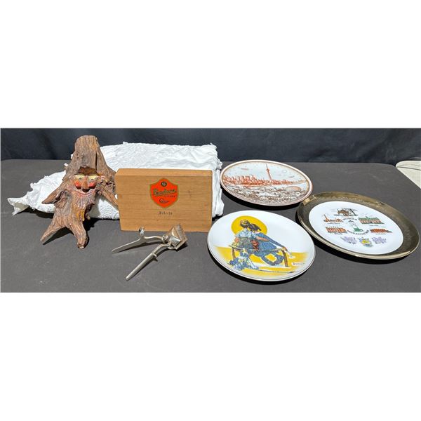 Decorative Collector Plates, Hand Shears, Pandora Cigar Box, Wood Face Art, Linens