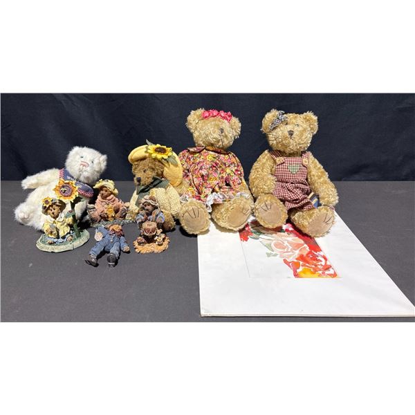 Boyds Bears Collection with Plush, Resin Figures and Floral Watercolour Art Signed 1996