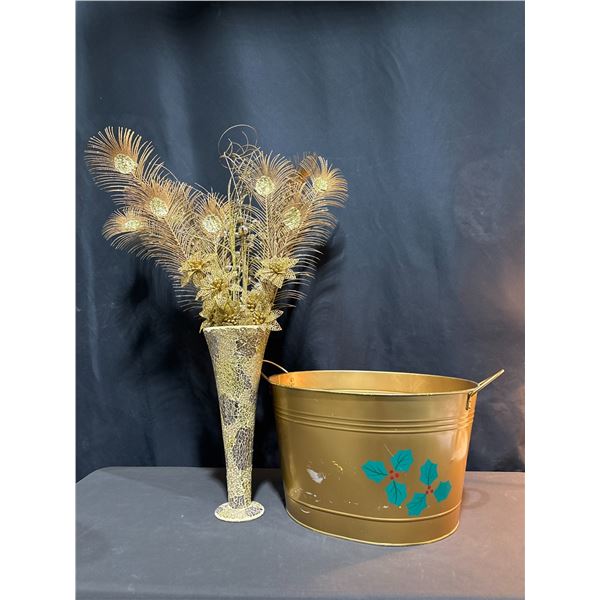 Tall Mosaic Vase with Faux Gold Floral Peacock Arrangement and Decorative Holiday Metal Bin