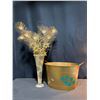 Image 1 : Tall Mosaic Vase with Faux Gold Floral Peacock Arrangement and Decorative Holiday Metal Bin