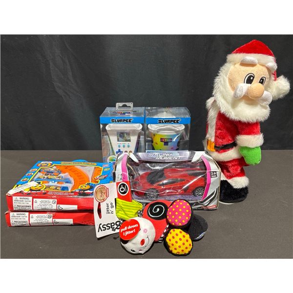 Toys Bundle: Slurpee Tetris, Plush Santa, Train Sets, Car, Sassy Jitter Toy