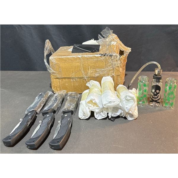 Box With 6 Folding Knives, 10 Glass Smoking Bottles, Card Knife, Assorted Accessories