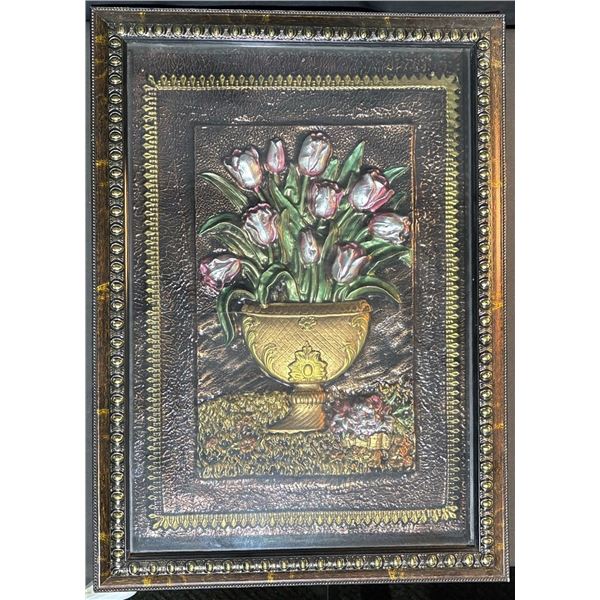 Framed Embossed Floral Still Life Wall Art Plaque with Vase, Approx. 24" x 17.5"