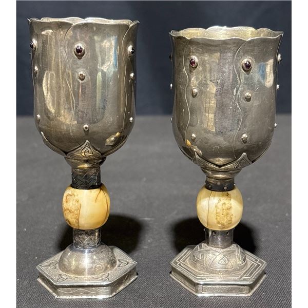 Victorian Edward Period His and Her Silver Wedding Chalices With Ivory Spheres, 203.2g Total