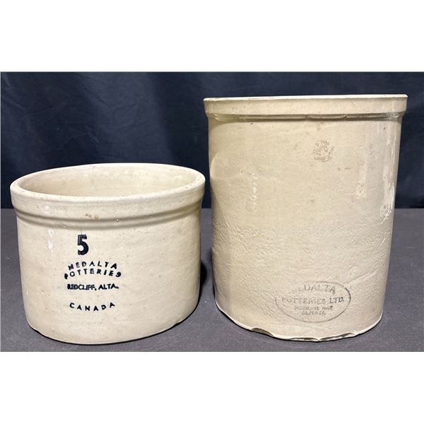 2 Medalta Potteries Crocks Redcliff Alta. 5 Quart Marked Canada