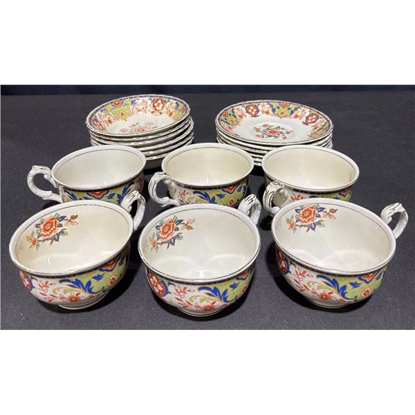 Crown Ducal Floral Bowl, Saucers, and Cups Set, 6 Each