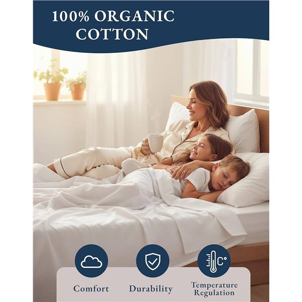 Lane Linen Organic Cotton White Bed Sheets, 4 Piece