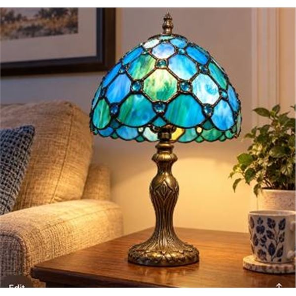 14" Blue Stained Glass Table Lamp with Cord