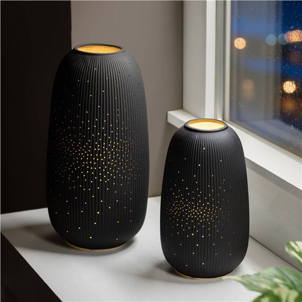 Evergreen LED Black Porcelain Lantern Set