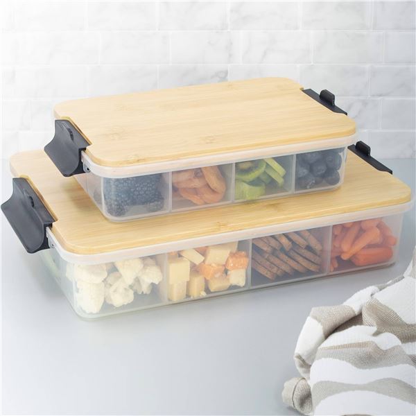 2 Plastic Food Containers, Bamboo Lids